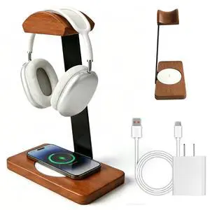 Wooden Headphone Stand with Wireless Charging Pad, 2-in-1 for Walnut Desk | Universal Headset Stand for Gaming Desk, Headphone Rack Compatible with Airpods Max,Bose,Razer,AKG Equipment Accessories Wooden Headphone Stand with Wireless Charging Pad, 2-in-1 for Walnut Desk | Universal Headset Stand for Gaming Desk, Headphone Rack Compatible with Airpods Max,Bose,Razer,AKG Equipment Accessories