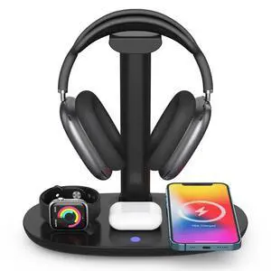 4 in 1 Wireless Charger with Headphone Stand Headset Holder & Station Dock for Apple Watch, AirPods Max/Pro/Pro 2/AirPods 4/ iPhone 16/15/14/13/12 LG, Samsung Galaxy 4 in 1 Wireless Charger with Headphone Stand Headset Holder & Station Dock for Apple Watch, AirPods Max/Pro/Pro 2/AirPods 4/ iPhone 16/15/14/13/12 LG, Samsung Galaxy