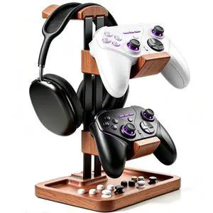 Walnut Headphone and Controller Stand, 2-in-1 Holder with Storage | Solid Wood Gaming Headphone Stand, Built-in Storage, Non-Slip, Fits Xbox PS5 Switch Controllers, Desktop Organizer for Gamers Walnut Headphone and Controller Stand, 2-in-1 Holder with Storage | Solid Wood Gaming Headphone Stand, Built-in Storage, Non-Slip, Fits Xbox PS5 Switch Controllers, Desktop Organizer for Gamers