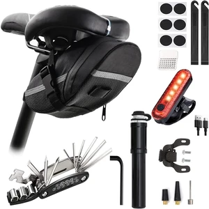 Bike Repair Tool Kit with Mini Bicycle Pump, 16-in-1 Bike Multi Tool, Portable Bicycle Flat Tire Repair Kit for Road MTB Bikes, Bike Emergency Repair Kit, Bicycle Saddle Bag with Tail Light Bike Repair Tool Kit with Mini Bicycle Pump, 16-in-1 Bike Multi Tool, Portable Bicycle Flat Tire Repair Kit for Road MTB Bikes, Bike Emergency Repair Kit, Bicycle Saddle Bag with Tail Light