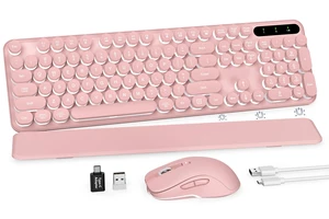 Wireless Keyboard and Mouse Combo, Round Backlit Keycaps, Retro Typewriter Keyboard with Detachable Wrist Rest, Rechargeable & Tilt Legs, 2.4GHz Cordless Connection for Windows/PC (Glowing Pink) Wireless Keyboard and Mouse Combo, Round Backlit Keycaps, Retro Typewriter Keyboard with Detachable Wrist Rest, Rechargeable & Tilt Legs, 2.4GHz Cordless Connection for Windows/PC (Glowing Pink)