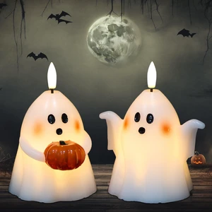 Halloween Ghost Flameless Candles with Timer Hand-Painted Pumpkin | Battery Operated LED Flickering, Real Wax Long Lasting Ghost Lights, Spooky Cute Halloween Indoor Decor, 3.5"D x 5"H, 2 Pack Halloween Ghost Flameless Candles with Timer Hand-Painted Pumpkin | Battery Operated LED Flickering, Real Wax Long Lasting Ghost Lights, Spooky Cute Halloween Indoor Decor, 3.5"D x 5"H, 2 Pack
