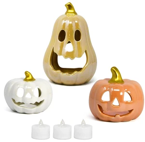 3 Halloween Ceramic Pumpkin Tea Light Holders Jack O Lantern Tabletop Decor | Set of 3 ceramic jack o lantern pumpkin candle holders with 3 LED tea lights for Halloween tabletop, shelf and party decor 3 Halloween Ceramic Pumpkin Tea Light Holders Jack O Lantern Tabletop Decor | Set of 3 ceramic jack o lantern pumpkin candle holders with 3 LED tea lights for Halloween tabletop, shelf and party decor