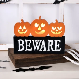 Lighted Halloween Pumpkin Decor Wooden Beware Table Sign Indoor Lighted Halloween Pumpkin Decor Wooden Beware Table Sign Indoor