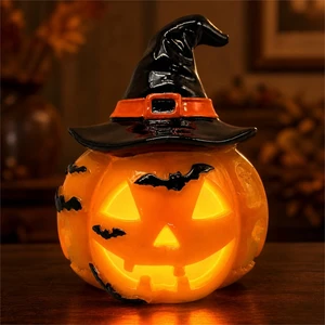 Light Up Pumpkin Lantern with Witch Hat, USB-Powered Halloween Decor | USB-powered resin pumpkin lantern with a witch hat and bat details, creating a decorative Halloween glow for indoor displays. Light Up Pumpkin Lantern with Witch Hat, USB-Powered Halloween Decor | USB-powered resin pumpkin lantern with a witch hat and bat details, creating a decorative Halloween glow for indoor displays.