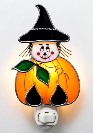 Pumpkin Witch Night Light - Handmade Halloween Stained Glass Night Light with Silver Finish - Plug in Decorative Nightlight Lamp for Home, Bedroom, Living Room - Halloween & Fall Decor Gift Pumpkin Witch Night Light - Handmade Halloween Stained Glass Night Light with Silver Finish - Plug in Decorative Nightlight Lamp for Home, Bedroom, Living Room - Halloween & Fall Decor Gift