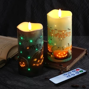 Halloween Pumpkin Fiber Optic Flameless Pillar Candles with Remote | Halloween Decorations Home Table Shelf Mantel Decor, Flickering Spooky LED Candles, 3 AA Battery Operated, Set of 2 Halloween Pumpkin Fiber Optic Flameless Pillar Candles with Remote | Halloween Decorations Home Table Shelf Mantel Decor, Flickering Spooky LED Candles, 3 AA Battery Operated, Set of 2