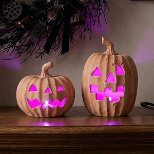 Terracotta Jack-o-Lantern Pumpkins, LED Halloween Pumpkin Decor | 2Pcs Light Up Pumpkins Indoor Halloween Decorations, Clay Pumpkin Fall Decor with Timer, Farmhouse, Table Centerpiece Terracotta Jack-o-Lantern Pumpkins, LED Halloween Pumpkin Decor | 2Pcs Light Up Pumpkins Indoor Halloween Decorations, Clay Pumpkin Fall Decor with Timer, Farmhouse, Table Centerpiece