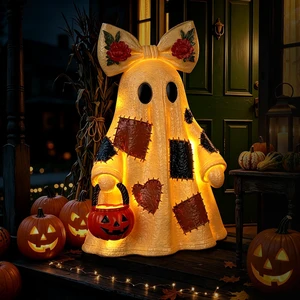 14in Halloween Decorations Indoor Lighted Patchwork Ghost Table Lamp | Floral bow decor, pumpkin bucket, remote included, LED lighting, USB & battery dual power, halloween home decor 14in Halloween Decorations Indoor Lighted Patchwork Ghost Table Lamp | Floral bow decor, pumpkin bucket, remote included, LED lighting, USB & battery dual power, halloween home decor