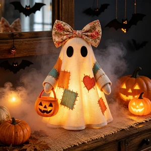 Large Lighted Vintage Patchwork Ghost with Pumpkin Lantern | Vintage Rustic Fall Figurine with Lights String, Mantel & Shelf Decor, Entryway & Porch Use, Ghost Lamp, Halloween Decor Large Lighted Vintage Patchwork Ghost with Pumpkin Lantern | Vintage Rustic Fall Figurine with Lights String, Mantel & Shelf Decor, Entryway & Porch Use, Ghost Lamp, Halloween Decor