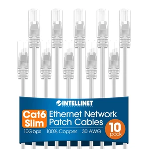 Cat6 Slim UTP Ethernet Patch Cable 10-Pack, 3 ft, White | 10G 250 MHz pure copper thin cord with 30 AWG stranded wire, gold contacts, snag-free boot, PoE and rack use, resealable bag Cat6 Slim UTP Ethernet Patch Cable 10-Pack, 3 ft, White | 10G 250 MHz pure copper thin cord with 30 AWG stranded wire, gold contacts, snag-free boot, PoE and rack use, resealable bag