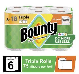 Bounty Paper Towels Full Sheet White, 6 Triple Rolls, 75 Sheets per Roll Bounty Paper Towels Full Sheet White, 6 Triple Rolls, 75 Sheets per Roll