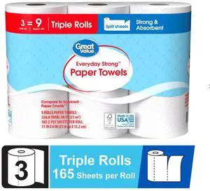 Great Value Everyday Strong Paper Towels, 3 Triple Rolls Great Value Everyday Strong Paper Towels, 3 Triple Rolls