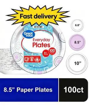 Great Value 8.5 Inch Disposable Paper Plates, 100 Count, Soak-Proof and Microwave Safe Great Value 8.5 Inch Disposable Paper Plates, 100 Count, Soak-Proof and Microwave Safe