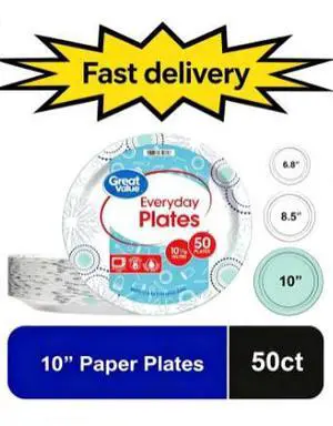 Great Value 10 Inch Disposable Paper Plates, 50 Count, Multicolor Design Great Value 10 Inch Disposable Paper Plates, 50 Count, Multicolor Design