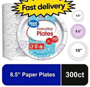 Great Value 8.5-Inch Disposable Paper Plates, 300 Count, Soak-Proof and Microwave-Safe Great Value 8.5-Inch Disposable Paper Plates, 300 Count, Soak-Proof and Microwave-Safe