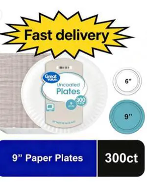 Great Value Uncoated Paper Plates, 9 in, 300 Count Great Value Uncoated Paper Plates, 9 in, 300 Count