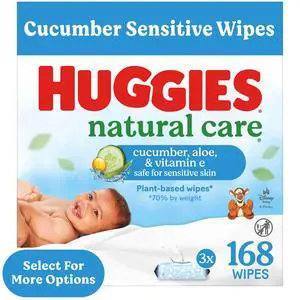 Huggies Natural Care Cucumber, Aloe and Vitamin E Baby Wipes, Scented, 3 Flip-Top Packs, 168 Total Count (Select for More) Huggies Natural Care Cucumber, Aloe and Vitamin E Baby Wipes, Scented, 3 Flip-Top Packs, 168 Total Count (Select for More)