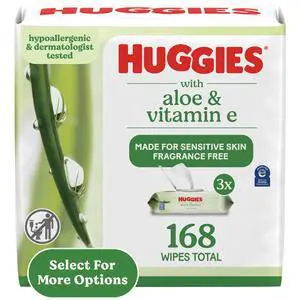 Huggies Wipes with Aloe & Vitamin E, Unscented, 3 Flip-Top Packs, 168 Total Count Huggies Wipes with Aloe & Vitamin E, Unscented, 3 Flip-Top Packs, 168 Total Count