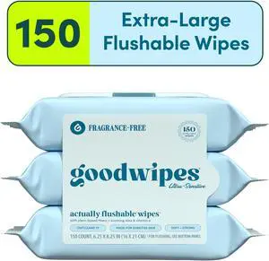 goodwipes Flushable Butt Wipes, Fragrance-Free, 3 Pack, 150 Total XL Wipes goodwipes Flushable Butt Wipes, Fragrance-Free, 3 Pack, 150 Total XL Wipes