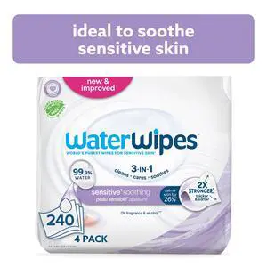 WaterWipes Sensitive Soothing, 99% Water with Botanical Extract, Unscented Baby Wipes, 240 Wipes WaterWipes Sensitive Soothing, 99% Water with Botanical Extract, Unscented Baby Wipes, 240 Wipes