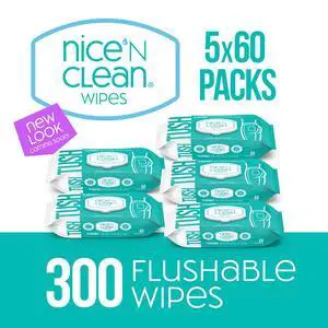 Nice n Clean Flushable Wipes, 5 packs of 60 wipes, 300 wipes total Nice n Clean Flushable Wipes, 5 packs of 60 wipes, 300 wipes total