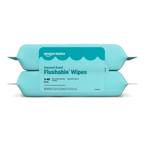 Amazon Basics Flushable Wipes, Coconut Scent, Hypoallergenic, Dermatologically Tested, 96 Count (2 Packs of 48) Amazon Basics Flushable Wipes, Coconut Scent, Hypoallergenic, Dermatologically Tested, 96 Count (2 Packs of 48)