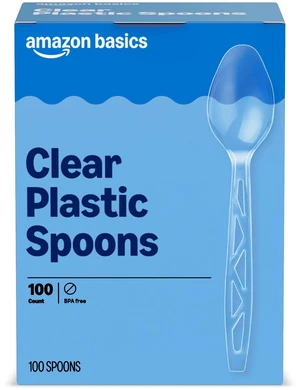 Amazon Basics Disposable Clear Plastic Spoons, 100 Count, Premium Quality, Large Pack, Packaging May Vary Amazon Basics Disposable Clear Plastic Spoons, 100 Count, Premium Quality, Large Pack, Packaging May Vary