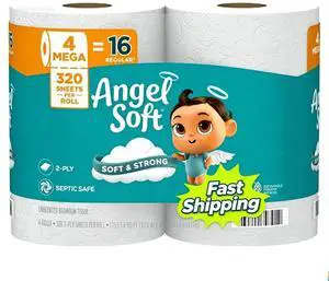Angel Soft Toilet Paper, 4 Mega Rolls = 16 Regular Rolls, Soft and Strong Toilet Tissue Angel Soft Toilet Paper, 4 Mega Rolls = 16 Regular Rolls, Soft and Strong Toilet Tissue