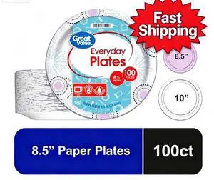 Great Value 8.5 Inch Disposable Paper Plates, 100 Count, Soak-Proof and Microwave Safe Great Value 8.5 Inch Disposable Paper Plates, 100 Count, Soak-Proof and Microwave Safe