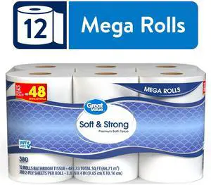 Great Value Soft & Strong Toilet Paper, 12 Mega Rolls, 380 Sheets per Roll Great Value Soft & Strong Toilet Paper, 12 Mega Rolls, 380 Sheets per Roll
