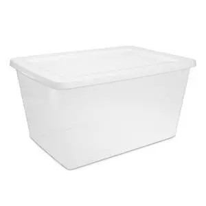 Sterilite 58 Quart Medium Storage Bin, Clear Plastic Storage Container with Snap-On Lid, White Sterilite 58 Quart Medium Storage Bin, Clear Plastic Storage Container with Snap-On Lid, White