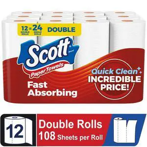 Scott Paper Towels, Choose-A-Sheet, 12 Double Rolls Scott Paper Towels, Choose-A-Sheet, 12 Double Rolls