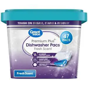 Great Value Premium Plus Dishwasher Pacs, Fresh Scent, 47 Count Great Value Premium Plus Dishwasher Pacs, Fresh Scent, 47 Count