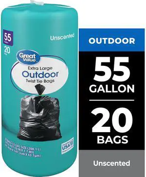 Great Value 55-Gallon Extra Large Outdoor Twist Tie Trash Bags, Unscented, 20 Bags Great Value 55-Gallon Extra Large Outdoor Twist Tie Trash Bags, Unscented, 20 Bags