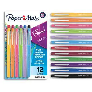 Paper Mate Flair Felt Tip Pens, Medium Point (0.7mm), Assorted Colors, 12 Count Paper Mate Flair Felt Tip Pens, Medium Point (0.7mm), Assorted Colors, 12 Count