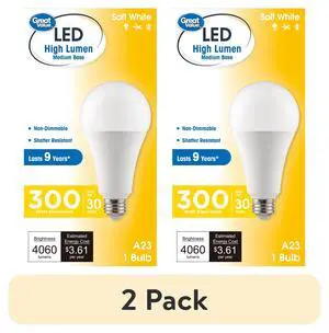 (2 pack) Great Value High Output A23 LED Light Bulb, 30-Watt (300W Equivalent), Soft White, E26 Medium Base (2 pack) Great Value High Output A23 LED Light Bulb, 30-Watt (300W Equivalent), Soft White, E26 Medium Base