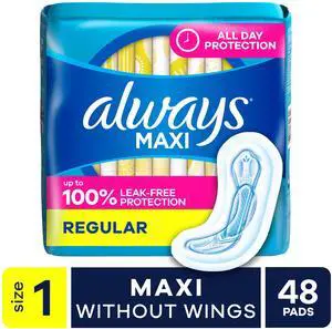 Always Maxi Pads without Wings, Size 1, Regular Absorbency, 48 Count Always Maxi Pads without Wings, Size 1, Regular Absorbency, 48 Count