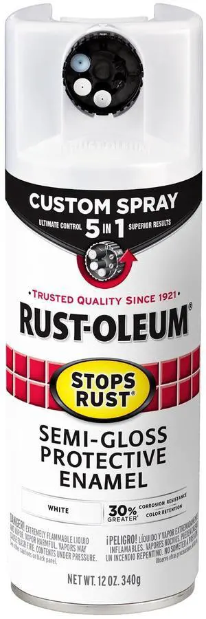 White, Rust-Oleum Stops Rust Custom Sprays 5 in 1 Semi-Gloss Spray Paint-376910, 12 oz White, Rust-Oleum Stops Rust Custom Sprays 5 in 1 Semi-Gloss Spray Paint-376910, 12 oz