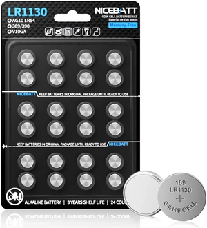 NICEBATT LR1130 AG10 Battery 24 Pack, 1.5V Long-Lasting 189 389 LR54 V10GA Alkaline Button Cell Batteries NICEBATT LR1130 AG10 Battery 24 Pack, 1.5V Long-Lasting 189 389 LR54 V10GA Alkaline Button Cell Batteries
