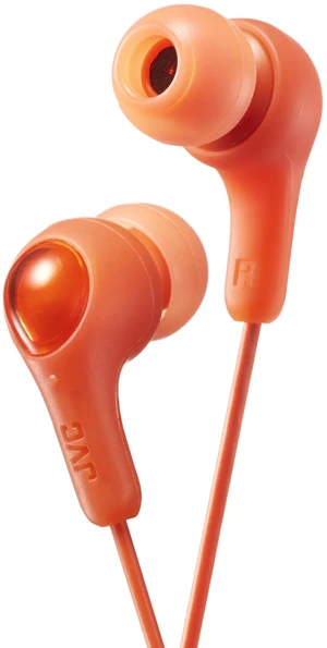 ORANGE GUMY In ear earbuds with stay fit ear tips. Wired 3.3ft colored cord cable with headphone jack. Small, medium, and large ear tip earpieces included. JVC GUMY HAFX7D ORANGE GUMY In ear earbuds with stay fit ear tips. Wired 3.3ft colored cord cable with headphone jack. Small, medium, and large ear tip earpieces included. JVC GUMY HAFX7D