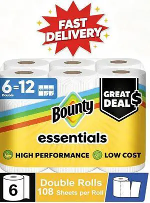 Bounty Essentials Paper Towels Select-A-Size 6 Double Rolls, White, 108 Sheets Per Roll Bounty Essentials Paper Towels Select-A-Size 6 Double Rolls, White, 108 Sheets Per Roll