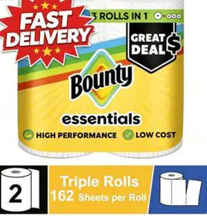 Bounty Essentials Paper Towels Select-A-Size, 2 Triple Rolls, White, 162 Sheets Per Roll Bounty Essentials Paper Towels Select-A-Size, 2 Triple Rolls, White, 162 Sheets Per Roll