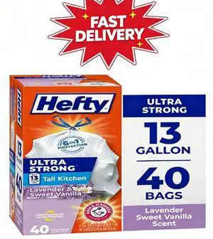 Hefty Ultra Strong 13 Gallon Trash Bags, Tall Kitchen Trash Bags, White, Lavender and Sweet Vanilla Scent, 40 Bags Hefty Ultra Strong 13 Gallon Trash Bags, Tall Kitchen Trash Bags, White, Lavender and Sweet Vanilla Scent, 40 Bags