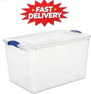 Sterilite 66 Quart Large Latching Storage Bin, Clear Plastic Storage Container with Latch Lid, Blue Sterilite 66 Quart Large Latching Storage Bin, Clear Plastic Storage Container with Latch Lid, Blue