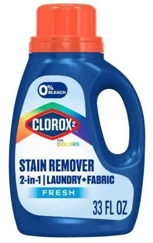 Clorox 2 For Colors Stain Remover, 2 in 1 Laundry + Fabric, Bleach Free, Fresh Scent, 33 Fl Oz. Clorox 2 For Colors Stain Remover, 2 in 1 Laundry + Fabric, Bleach Free, Fresh Scent, 33 Fl Oz.