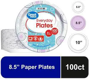Great Value 8.5 Inch Disposable Paper Plates, 100 Count, Soak-Proof and Microwave Safe Great Value 8.5 Inch Disposable Paper Plates, 100 Count, Soak-Proof and Microwave Safe