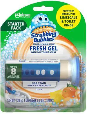 Scrubbing Bubbles Automatic Toilet Bowl Cleaner, Fresh Gel Cleaning Stamp, Citrus, Dispenser & 6 Gel Stamps Scrubbing Bubbles Automatic Toilet Bowl Cleaner, Fresh Gel Cleaning Stamp, Citrus, Dispenser & 6 Gel Stamps