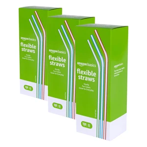 Amazon Basics Disposable Striped Plastic Flex Straws, 7.5-Inch, Assorted Colors, 100 Count, Pack of 3 Amazon Basics Disposable Striped Plastic Flex Straws, 7.5-Inch, Assorted Colors, 100 Count, Pack of 3
