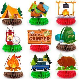 Camping Honeycomb Centerpieces, 9 Pcs Happy Camper Honeycomb Centerpieces Camper Table Centerpieces for Camping Birthday Party Decorations Camping Honeycomb Centerpieces, 9 Pcs Happy Camper Honeycomb Centerpieces Camper Table Centerpieces for Camping Birthday Party Decorations